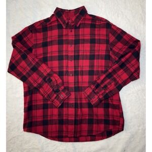 Merona Classic Fit Button-Down Flannel Shirt Men's L Buffalo Plaid Red Black